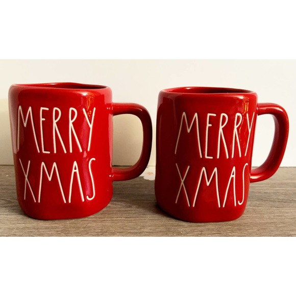 Rae Dunn Artisan Collection “MERRY XMAS” Red Christmas Holiday Coffee Mug Set - Picture 1 of 7
